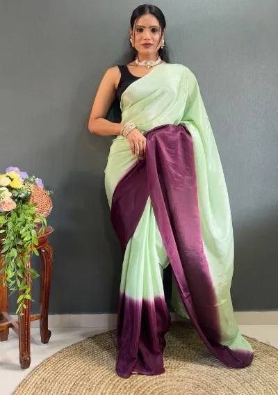 1 Min Alia Bhatt Style Pista Green Soft Chinnon Stitched Readymade Saree