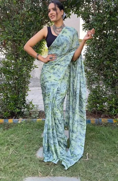 1 Min Aqua Green Moss Chiffon Prism Print Stitched Readymade Saree