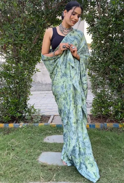 1 Min Aqua Green Moss Chiffon Prism Print Stitched Readymade Saree