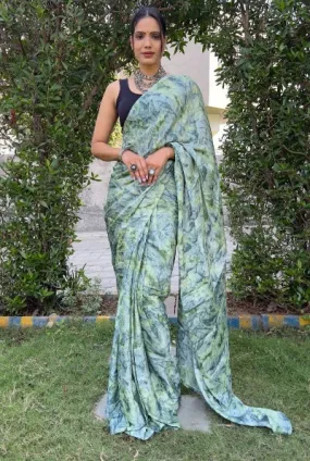 1 Min Aqua Green Moss Chiffon Prism Print Stitched Readymade Saree