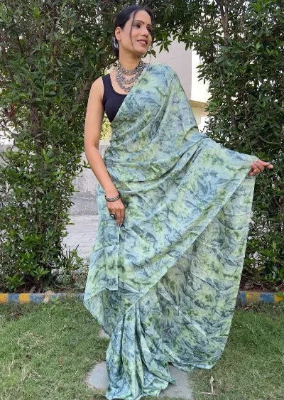 1 Min Aqua Green Moss Chiffon Prism Print Stitched Readymade Saree