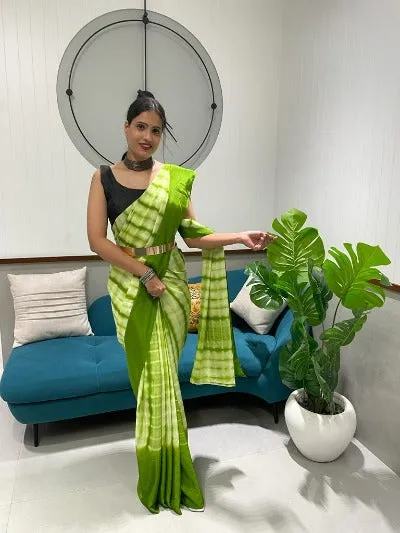 1 Min Chinon Silk Leheriya Print Stitched Readymade Saree With Belt