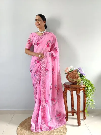 1 Min Pink Georgette Digital Print Embroidered Readymade Stitched Saree