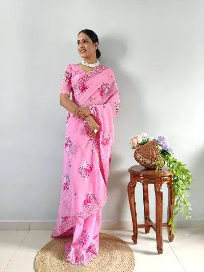 1 Min Pink Georgette Digital Print Embroidered Readymade Stitched Saree