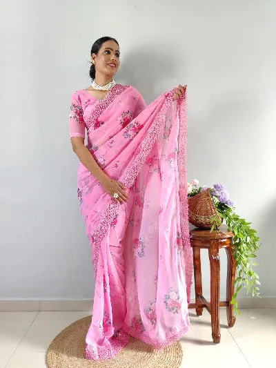 1 Min Pink Georgette Digital Print Embroidered Readymade Stitched Saree