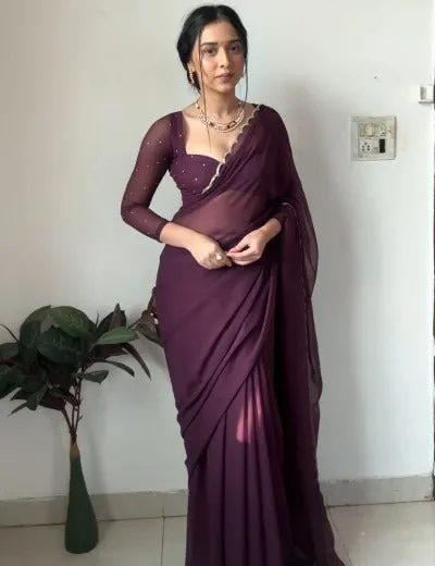 1 Min Wine Georgette Embellished With Handwork Stitched Readymade Saree