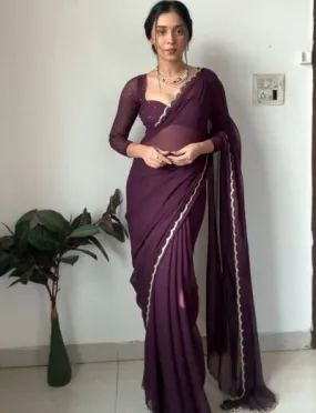 1 Min Wine Georgette Embellished With Handwork Stitched Readymade Saree