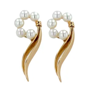 14K Yellow gold wave pearl vintage earrings