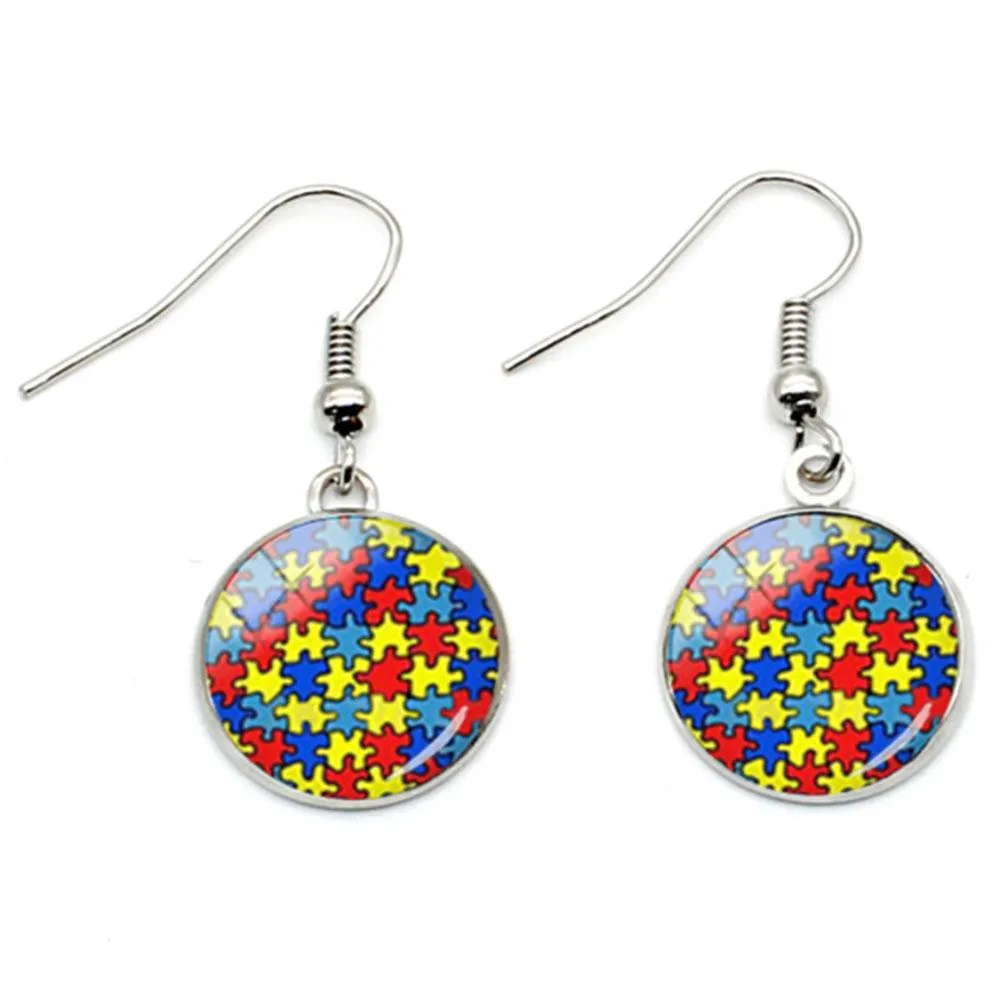 2020 New Design Autism Awareness Jigsaw Drop Earrings Jewelry 1Pair Glass Gem Photo Earrings Souvenir Gifts