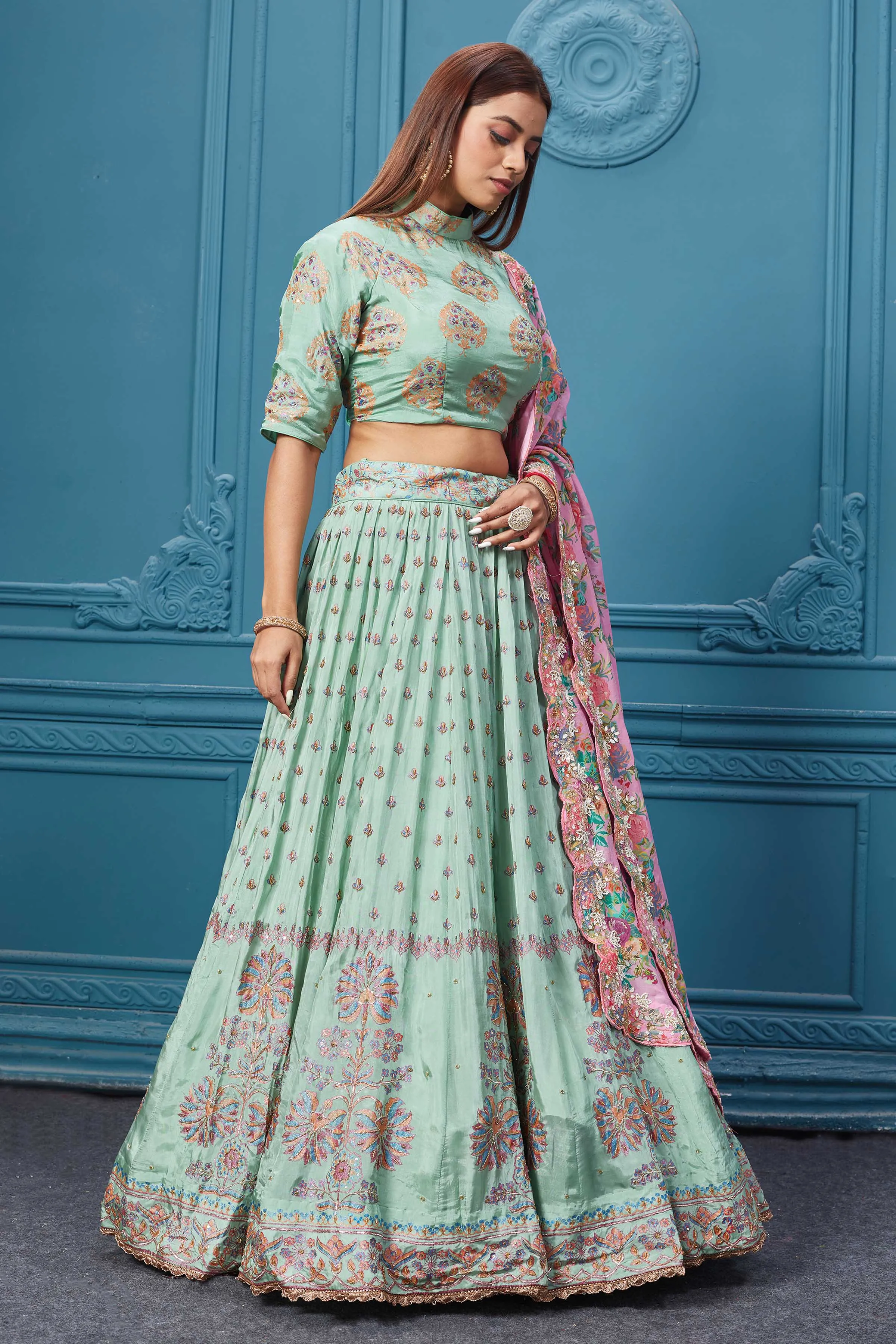 310032 Pastel Green Lehenga With Floral Dupatta