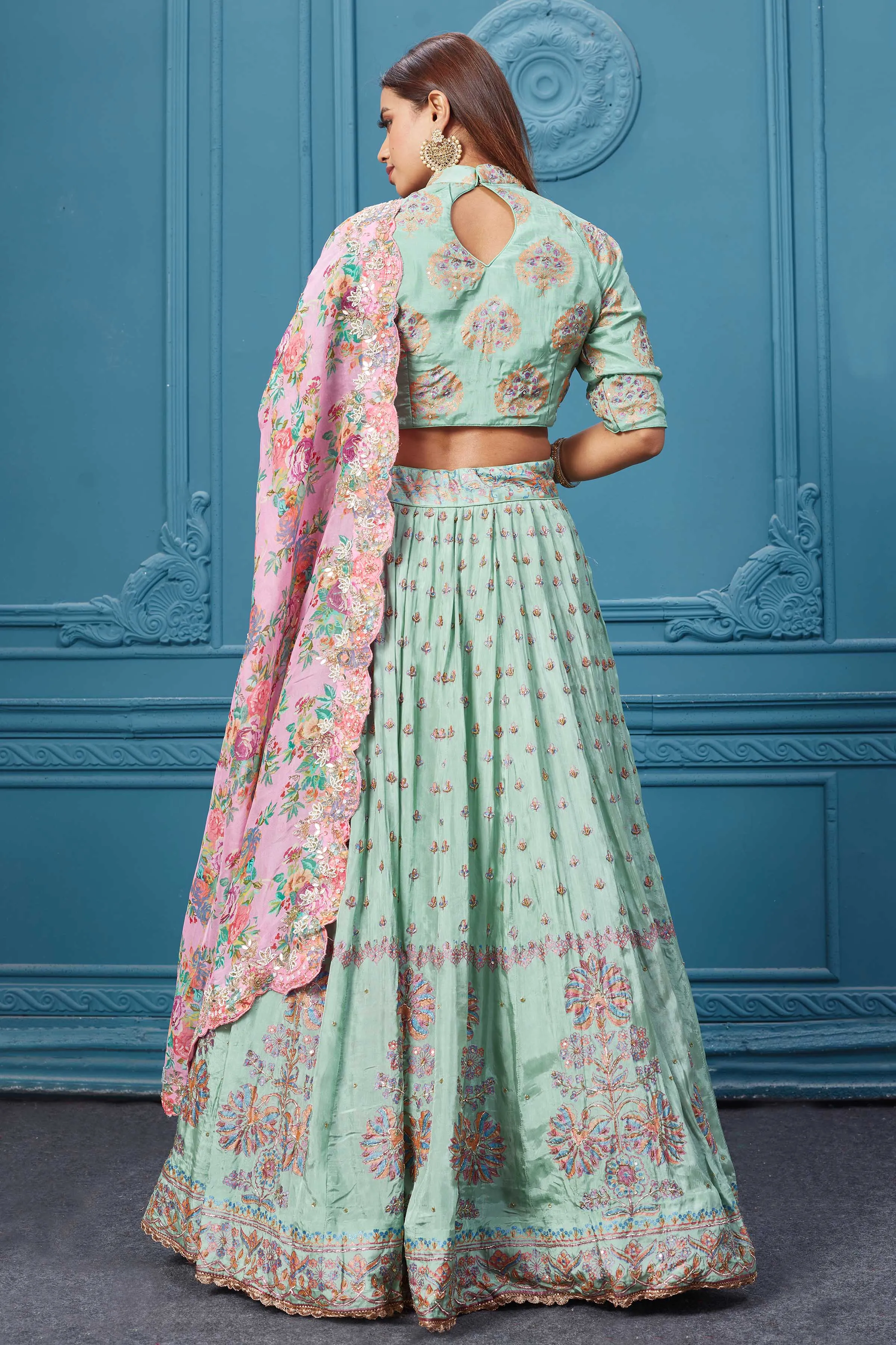 310032 Pastel Green Lehenga With Floral Dupatta