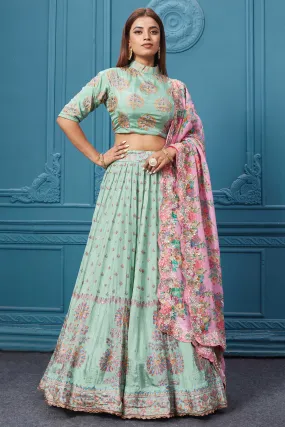 310032 Pastel Green Lehenga With Floral Dupatta