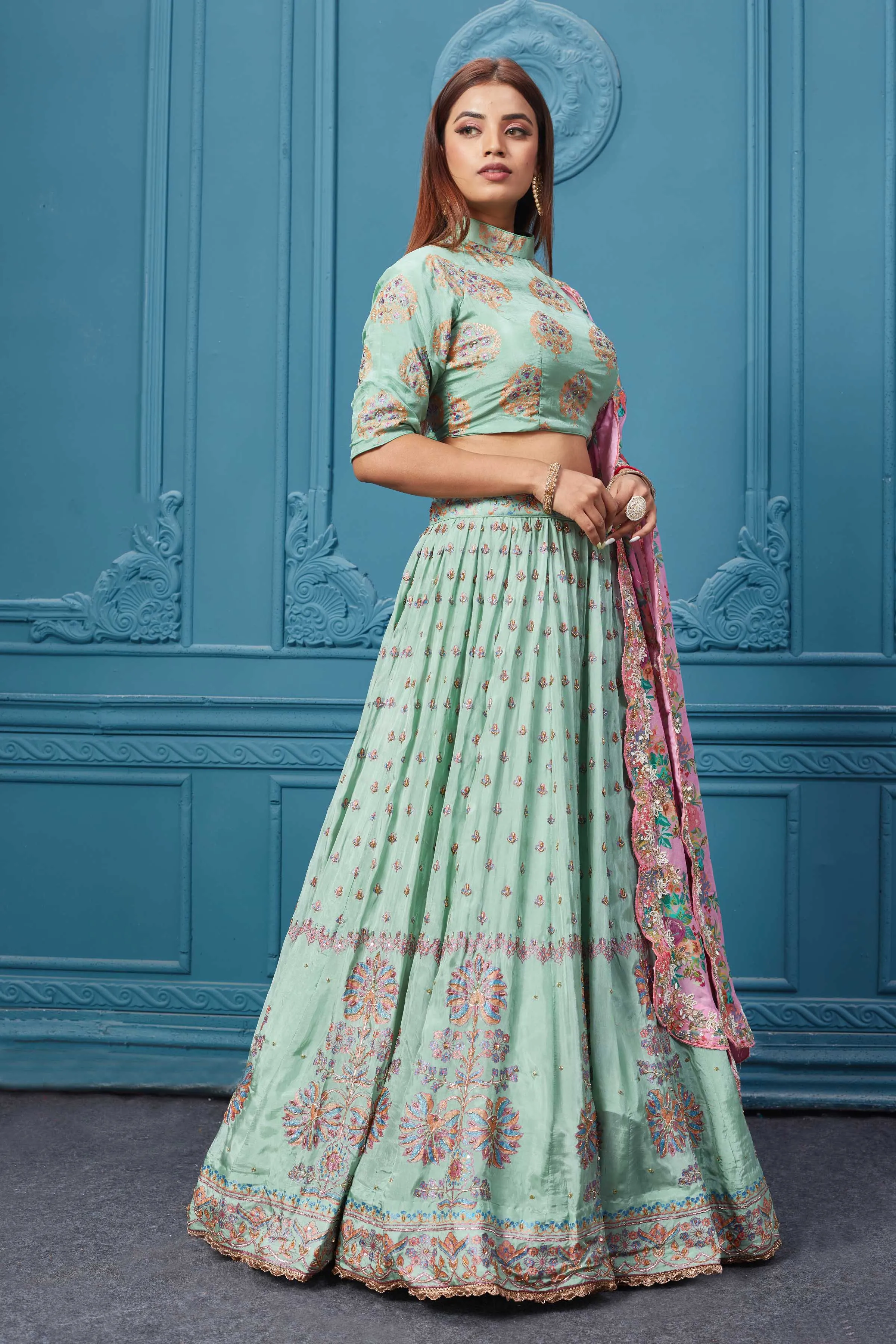 310032 Pastel Green Lehenga With Floral Dupatta