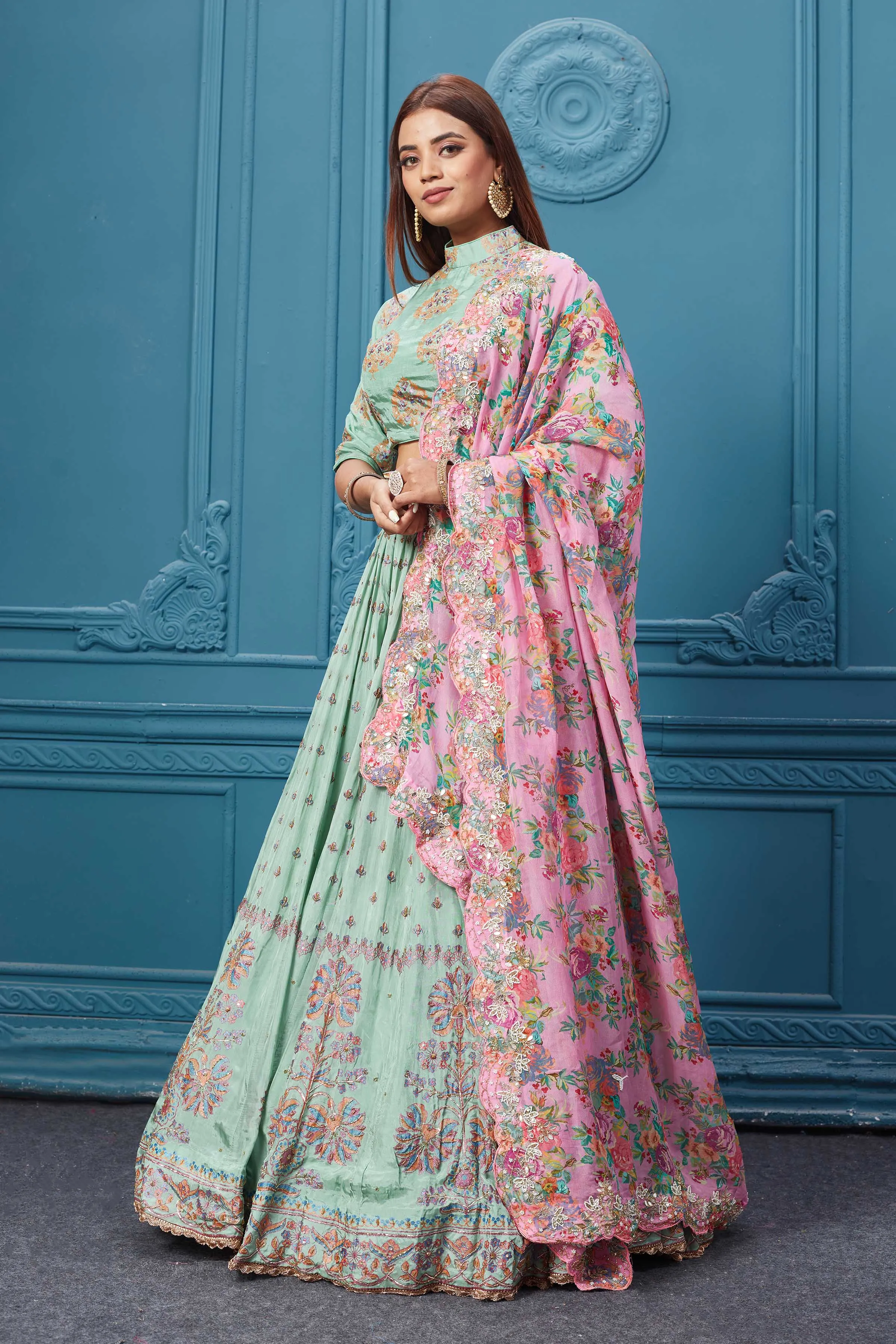 310032 Pastel Green Lehenga With Floral Dupatta