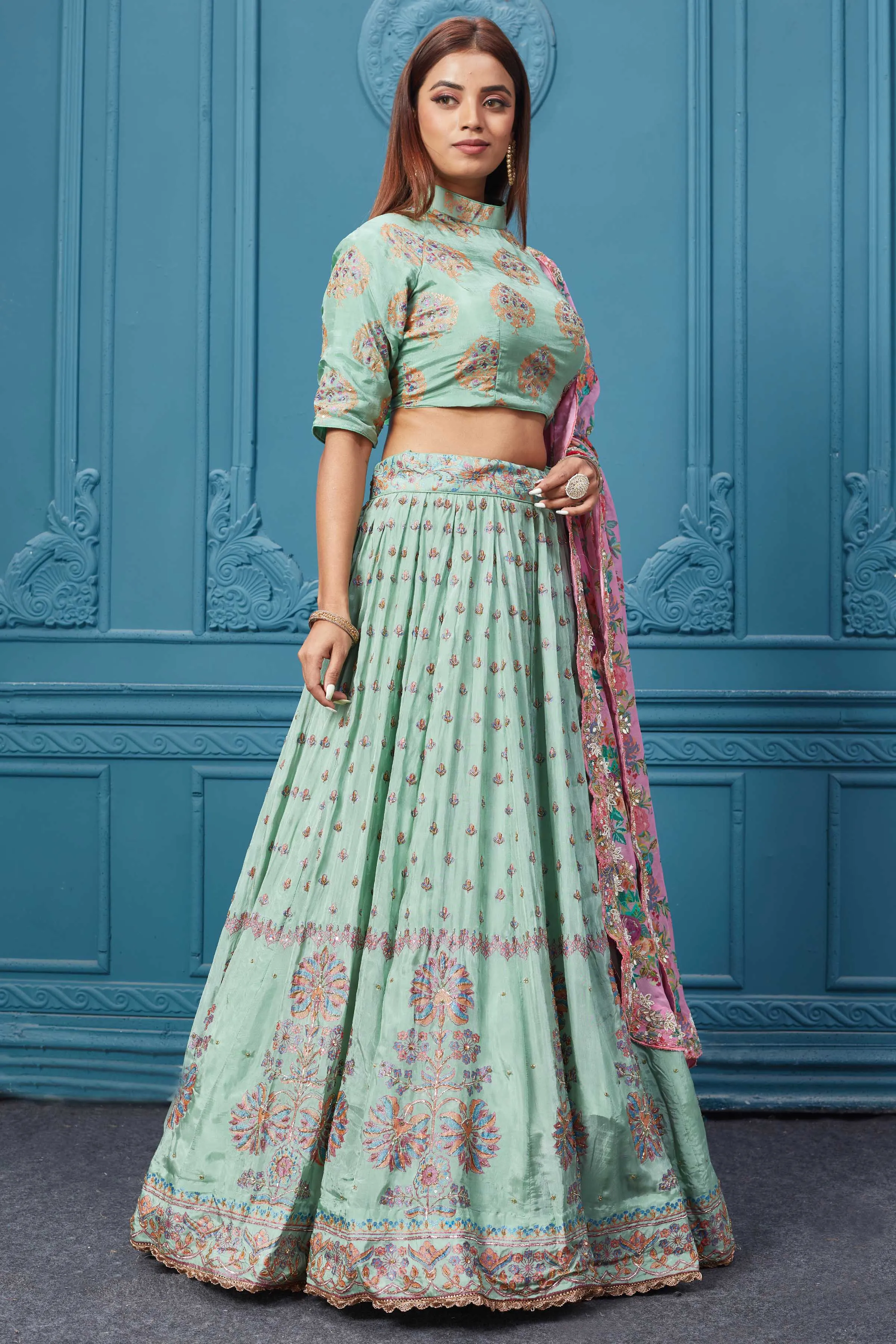 310032 Pastel Green Lehenga With Floral Dupatta