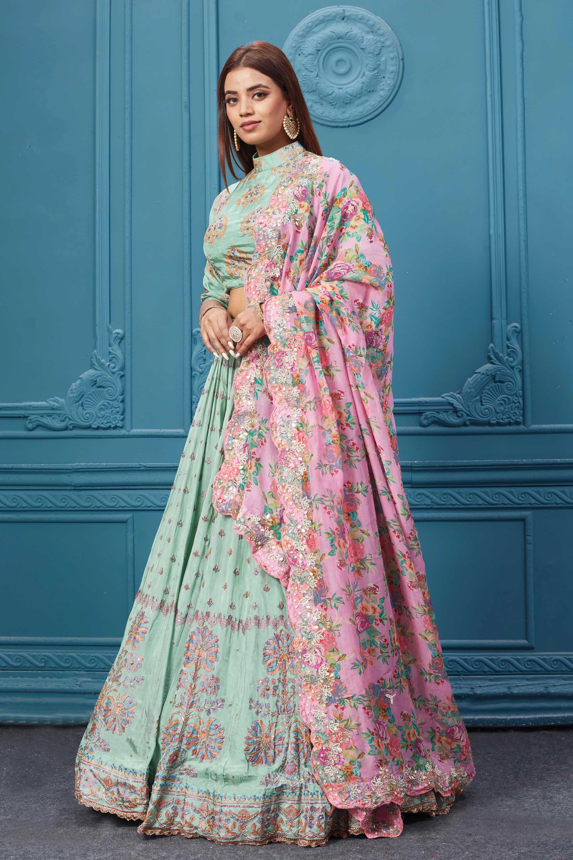 310032 Pastel Green Lehenga With Floral Dupatta