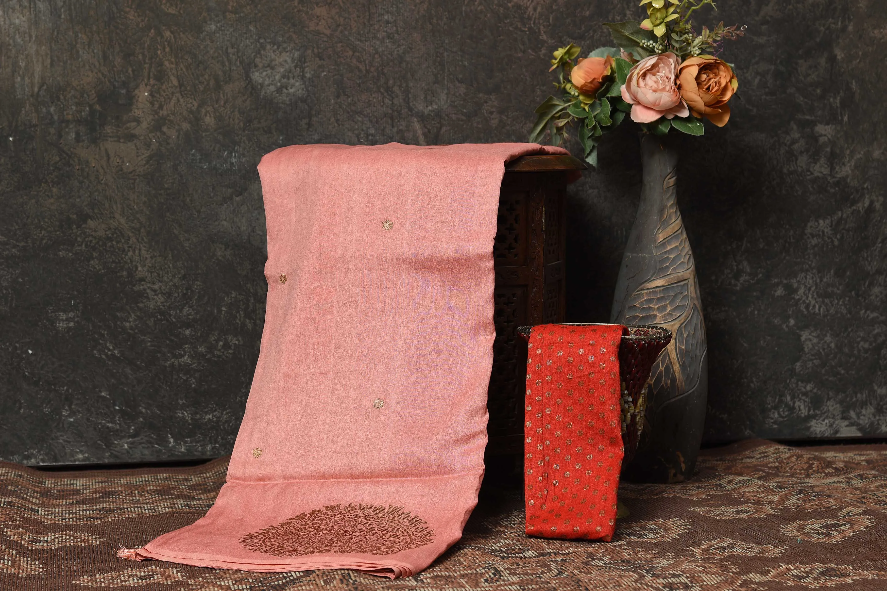 90N482-RO Blush Pink Benarasi Saree with Antique Zari Motifs