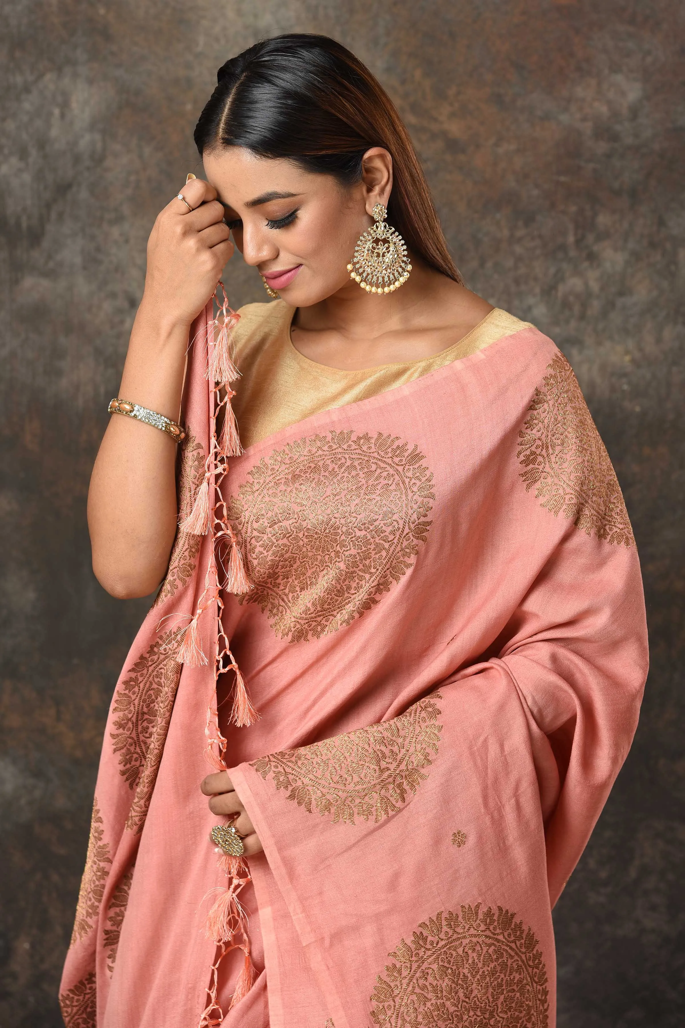 90N482-RO Blush Pink Benarasi Saree with Antique Zari Motifs