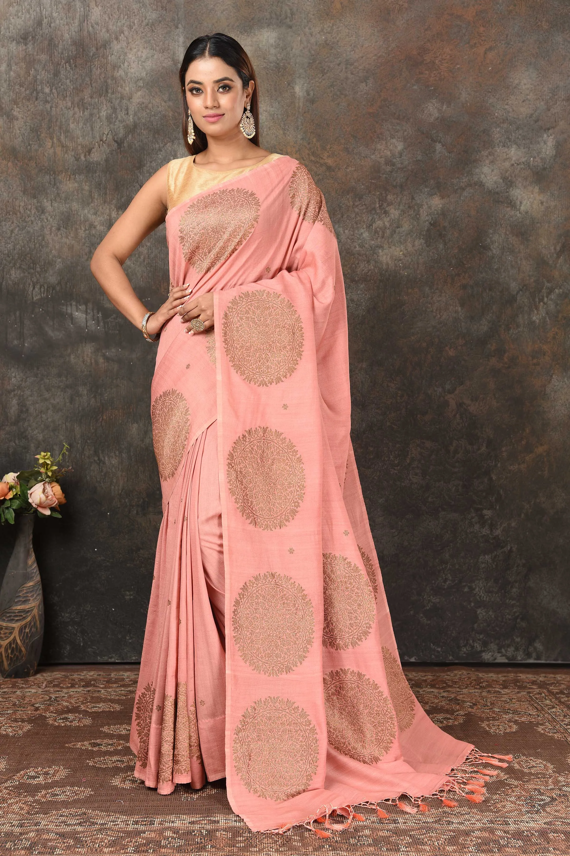 90N482-RO Blush Pink Benarasi Saree with Antique Zari Motifs