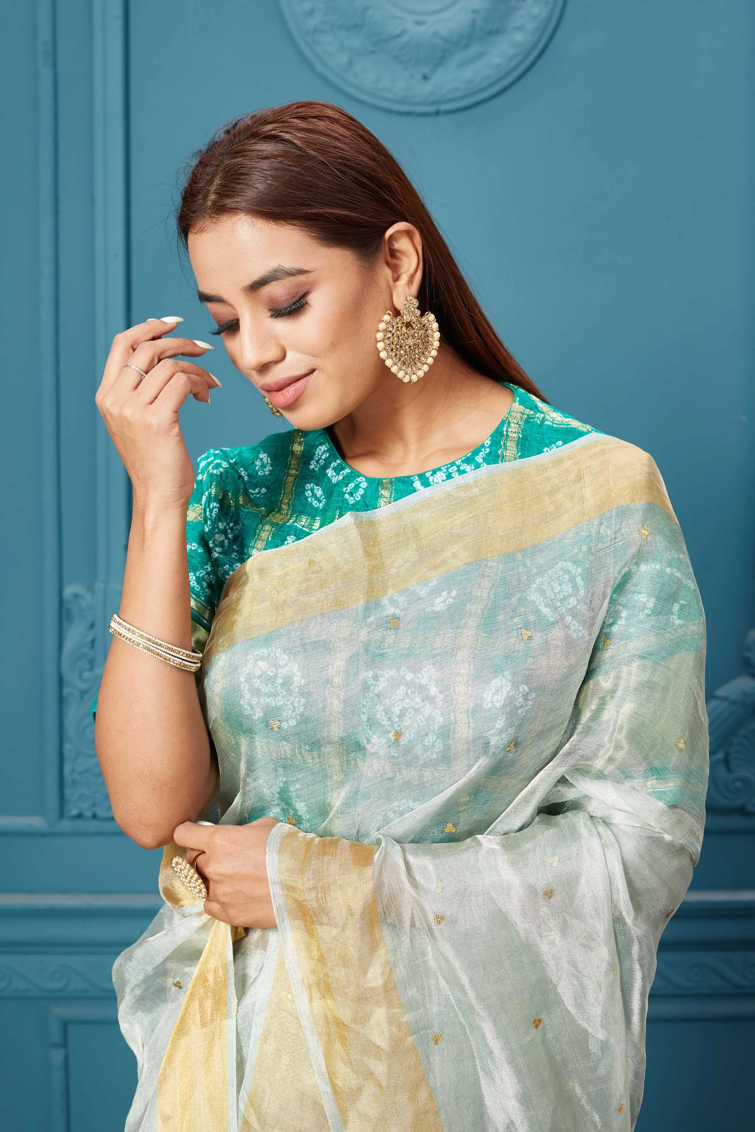 91A077 White Tissue Silk Saree with Green Bandhej Blouse