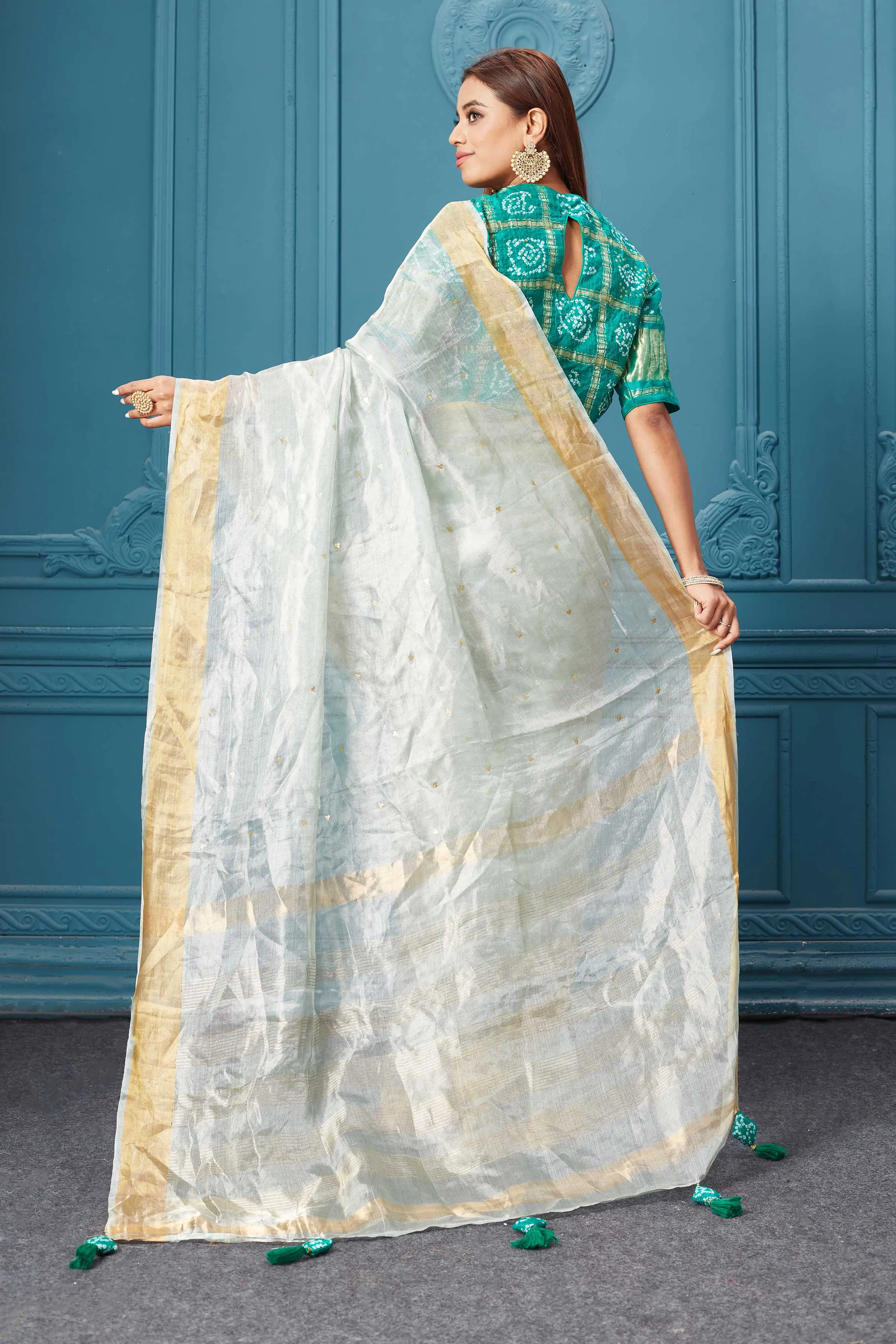 91A077 White Tissue Silk Saree with Green Bandhej Blouse