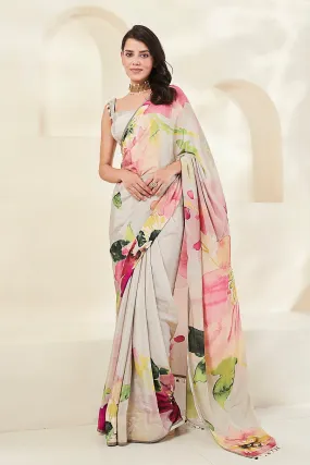 91A365 Grey Floral Designer Saree with Saree Blouse