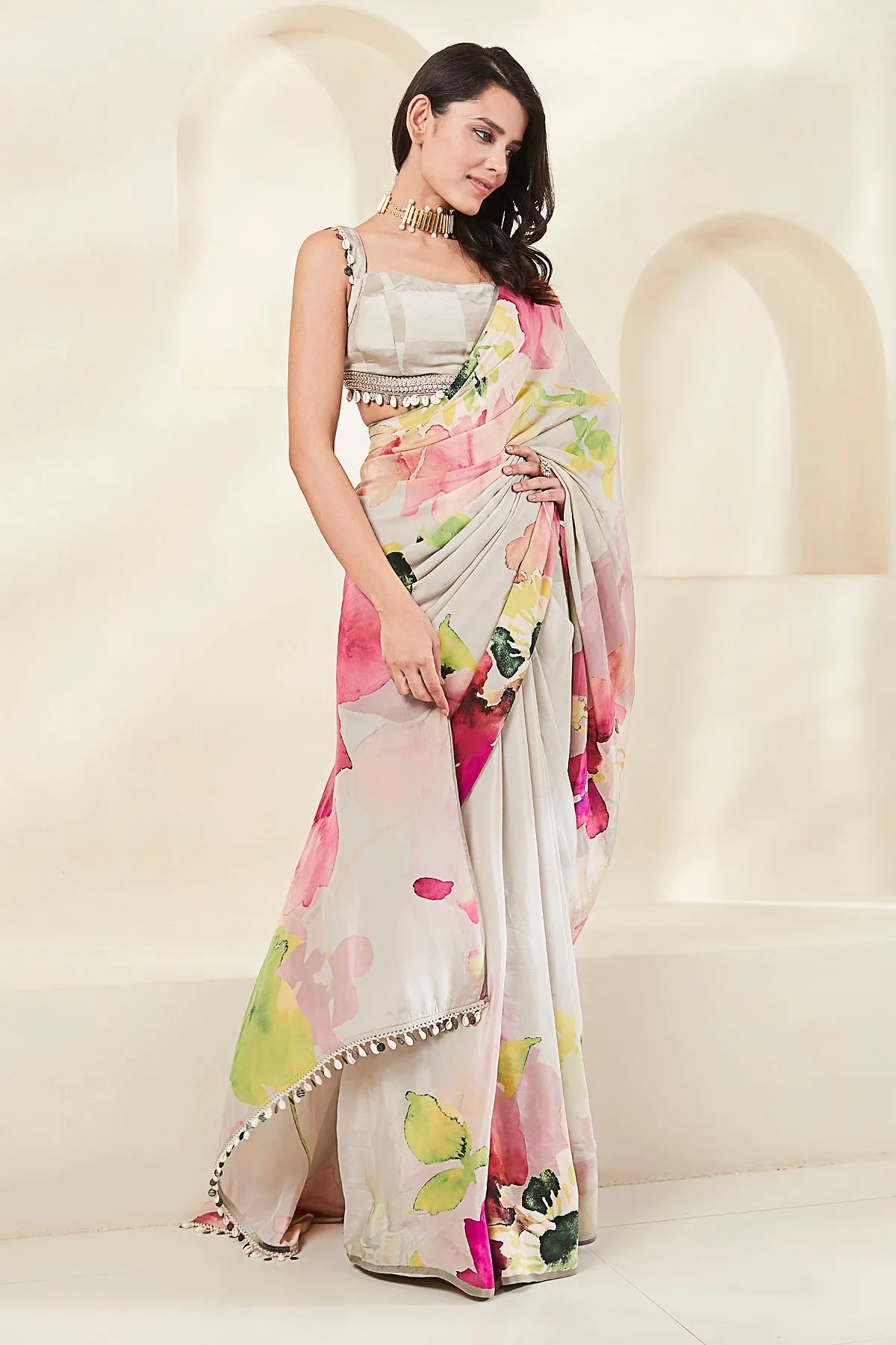 91A365 Grey Floral Designer Saree with Saree Blouse