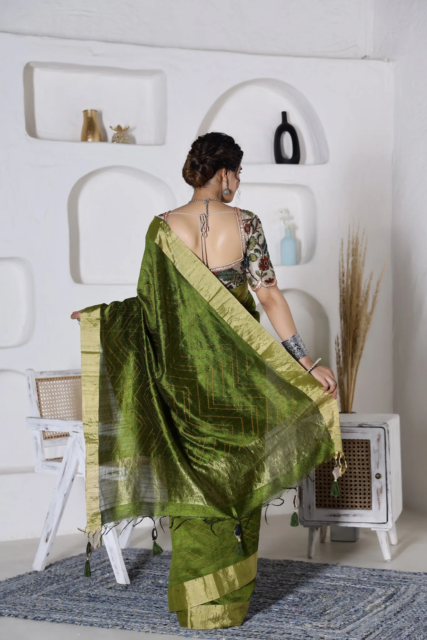 92A043 Green Tussar Silk Saree with Embroidered Saree Blouse