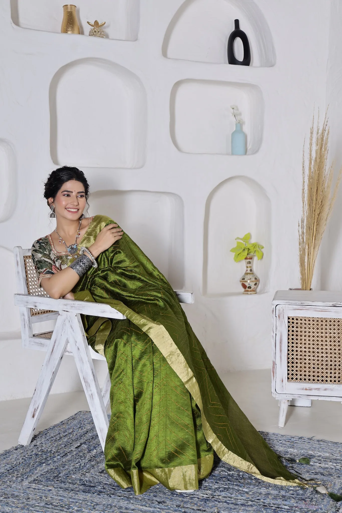 92A043 Green Tussar Silk Saree with Embroidered Saree Blouse