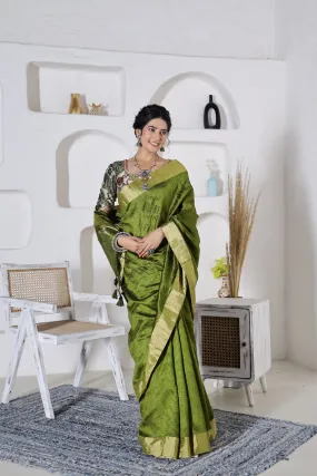 92A043 Green Tussar Silk Saree with Embroidered Saree Blouse