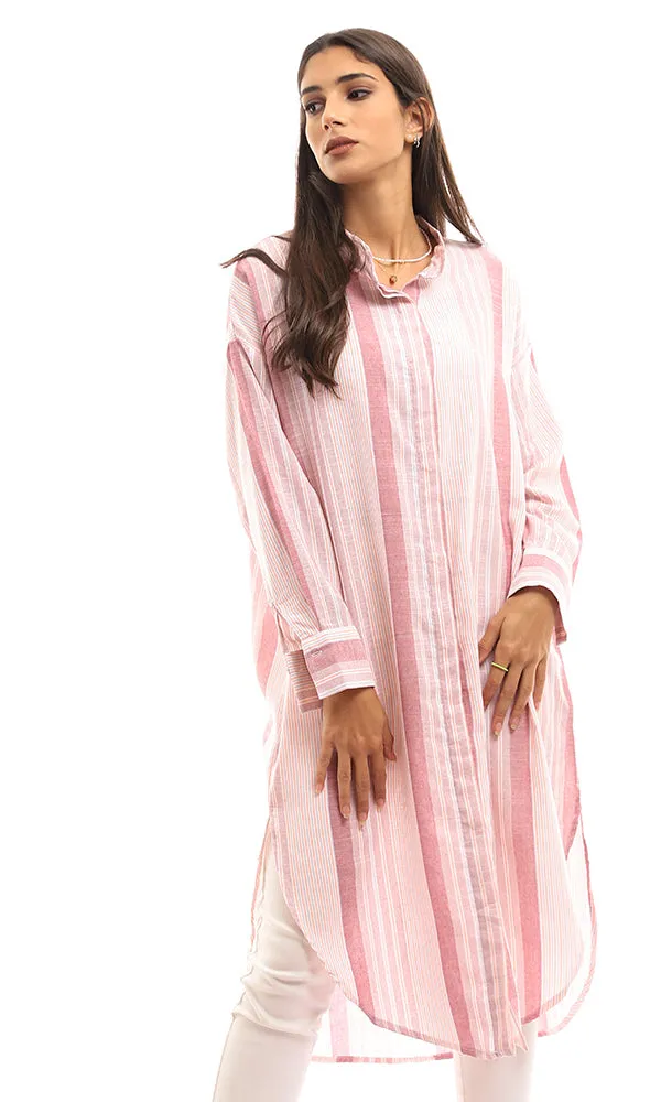 97008 Front Hidden Buttons Striped Long Shirt - Pink