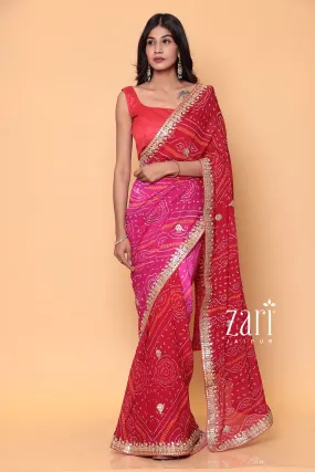 Bandhej Georgette Saree with Dori, Gota Patti, Pearl work.