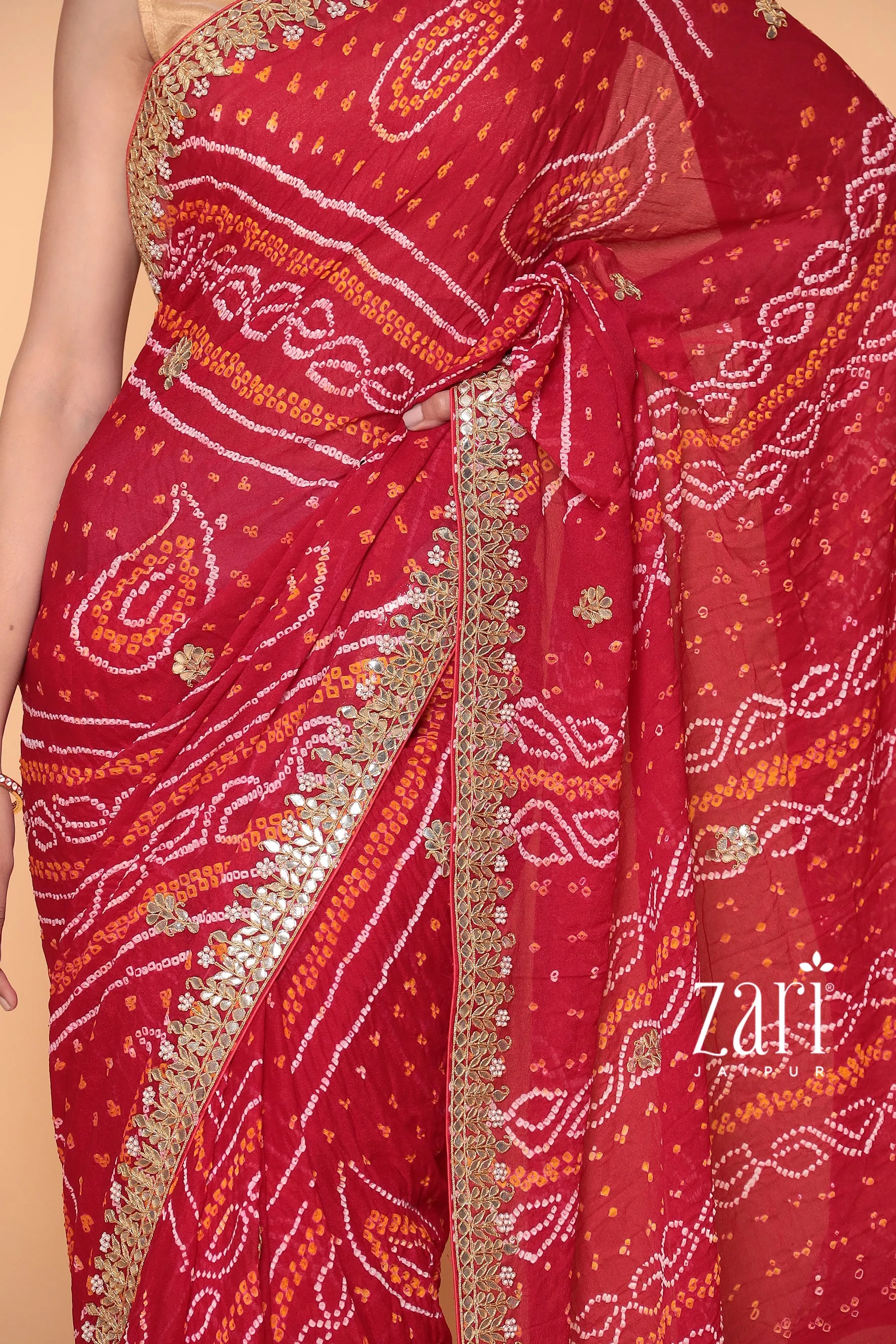 Bandhej Georgette Saree with Dori, Gota Patti, Pearl work.