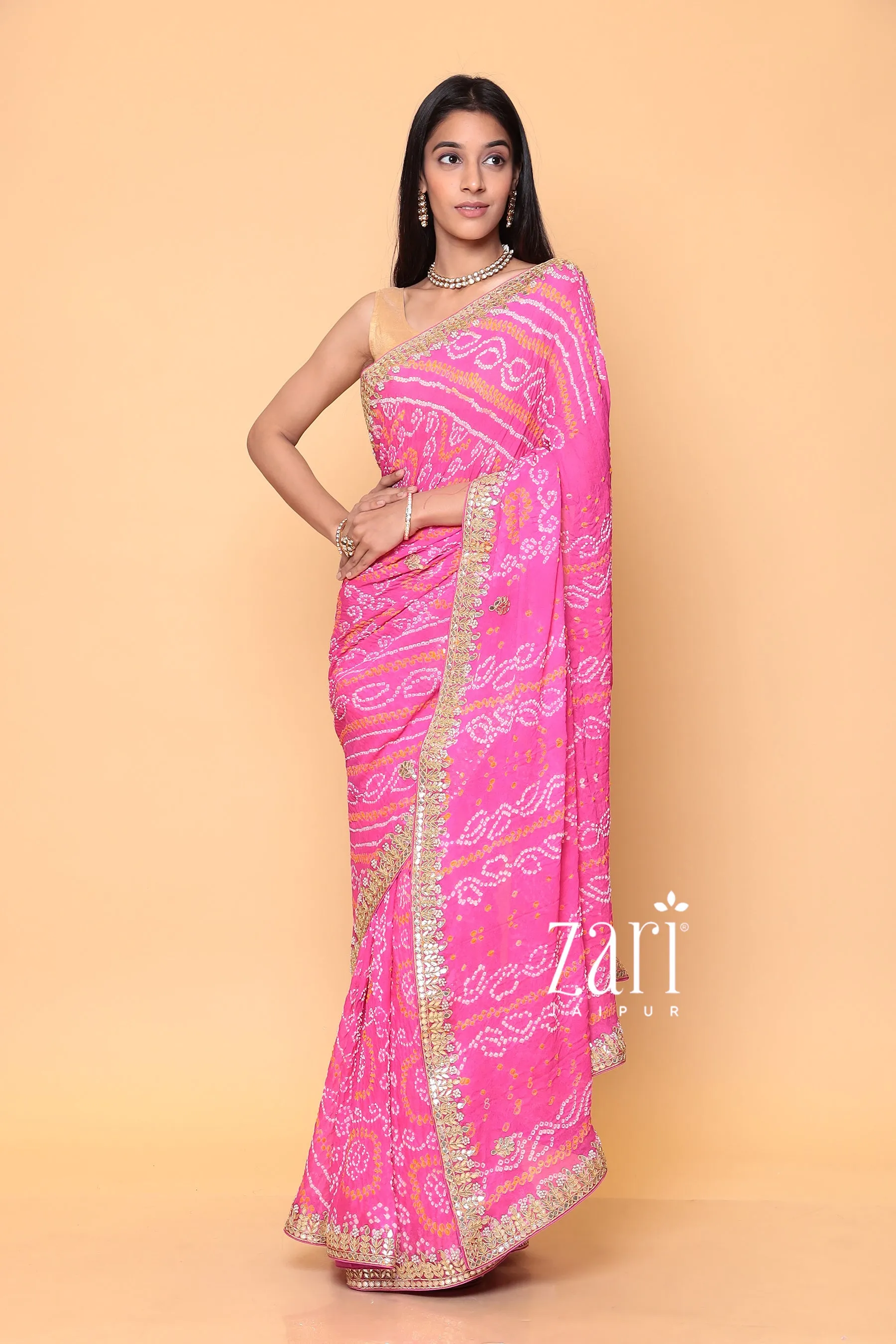 Bandhej Georgette Saree with Dori, Gota Patti, Pearl work.