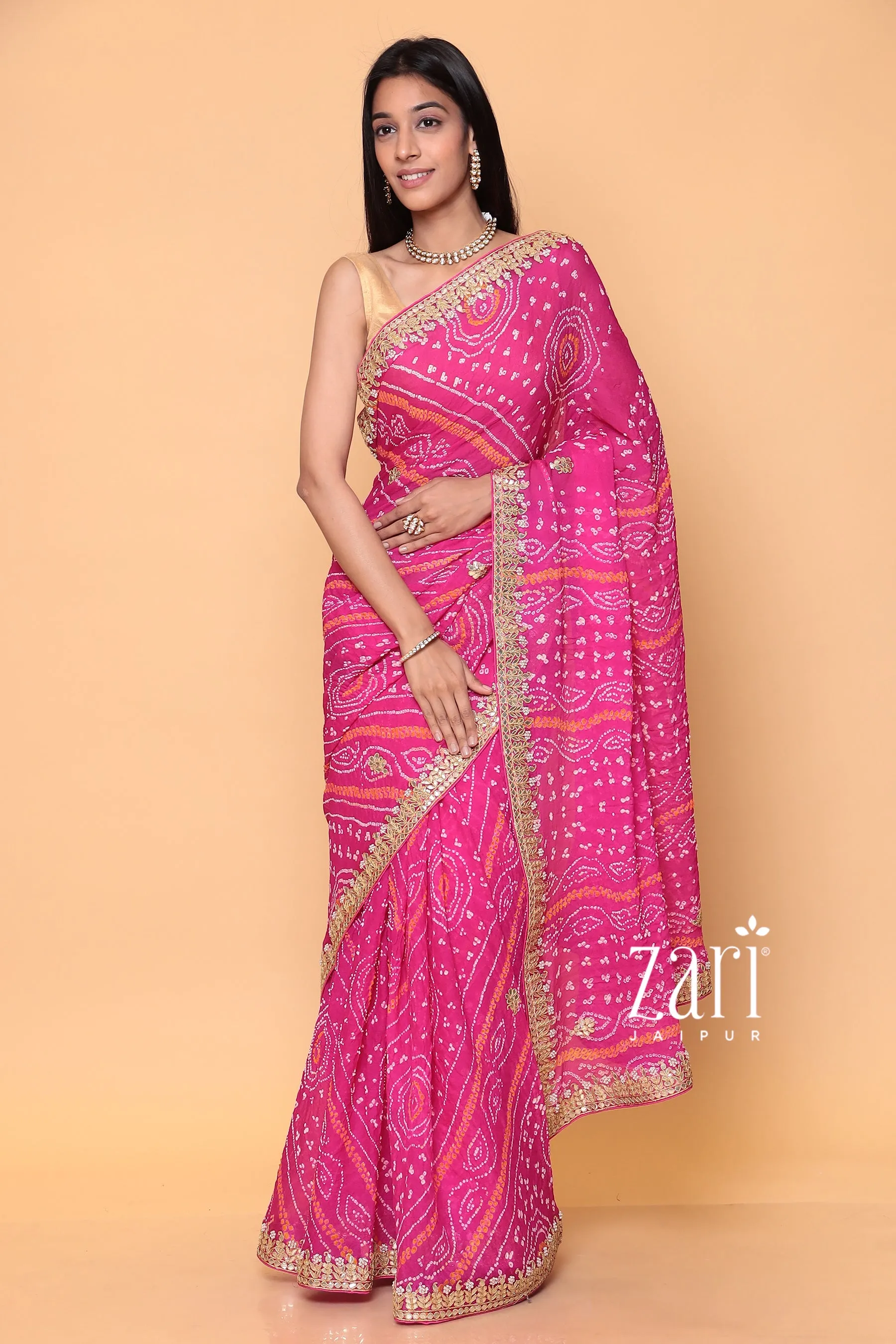 Bandhej Georgette Saree with Dori, Gota Patti, Pearl work.