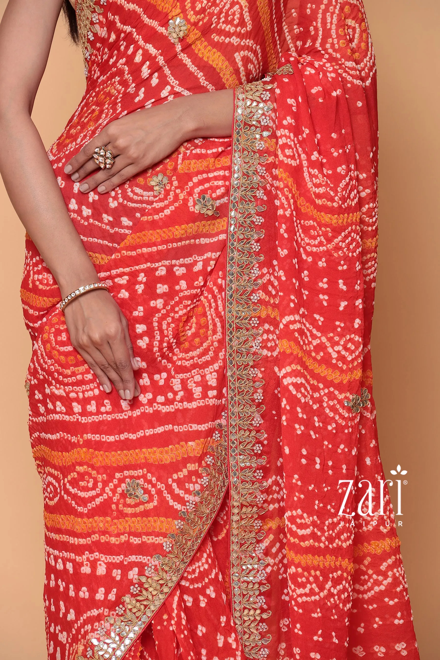 Bandhej Georgette Saree with Dori, Gota Patti, Pearl work.