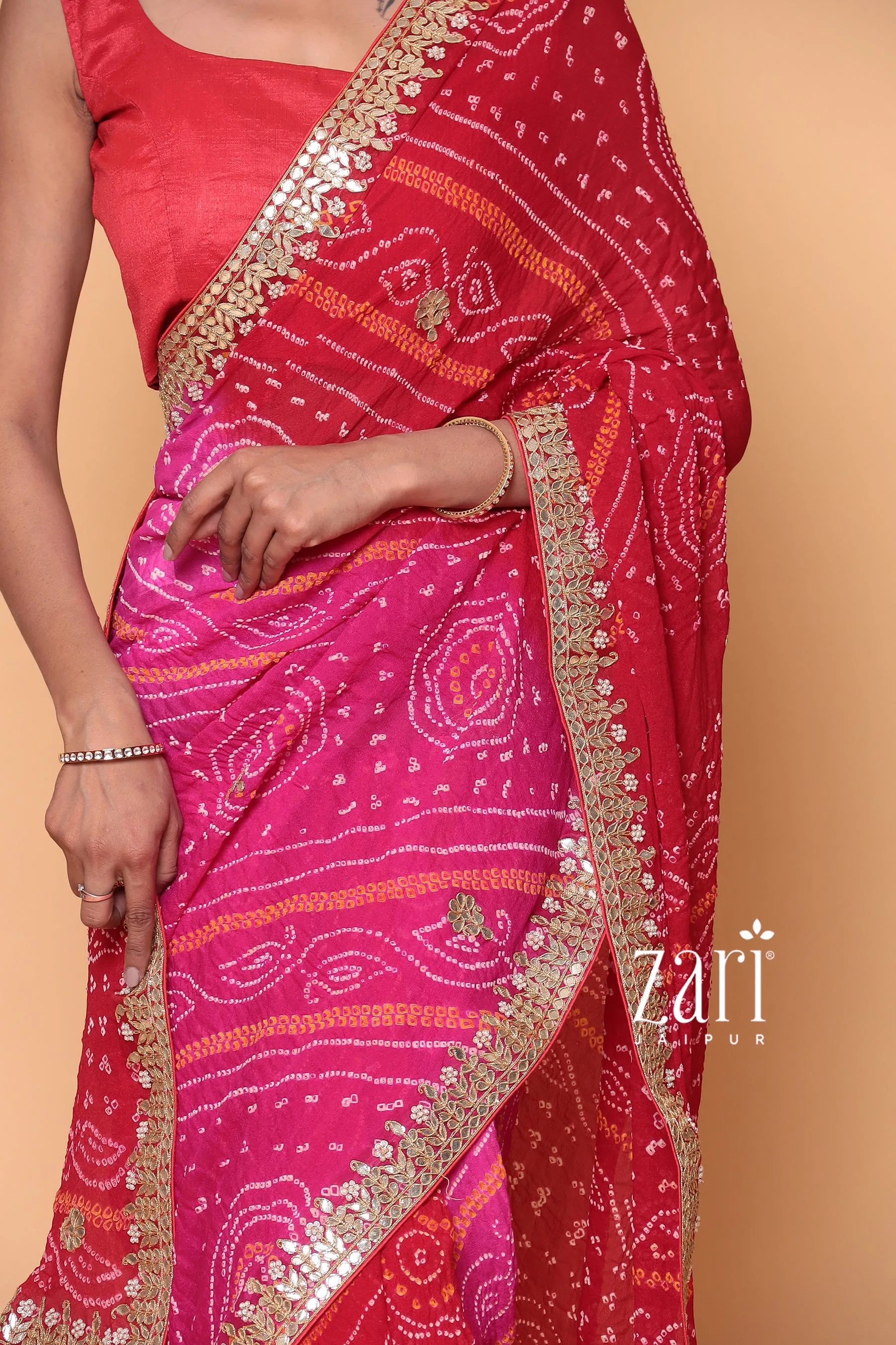 Bandhej Georgette Saree with Dori, Gota Patti, Pearl work.