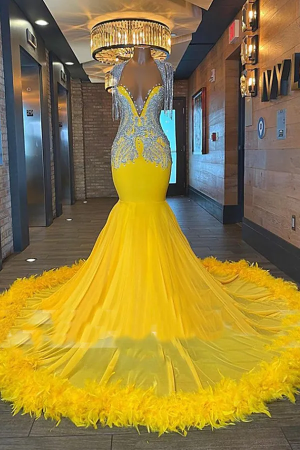 Biztunnel Charming Yellow Long Mermaid Sweetheart Tulle Beading Backless Prom Dress