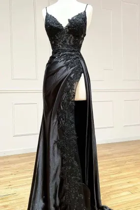 Black Long A-line V-neck Spaghetti Straps Lace Satin Formal Prom Dress With Slit