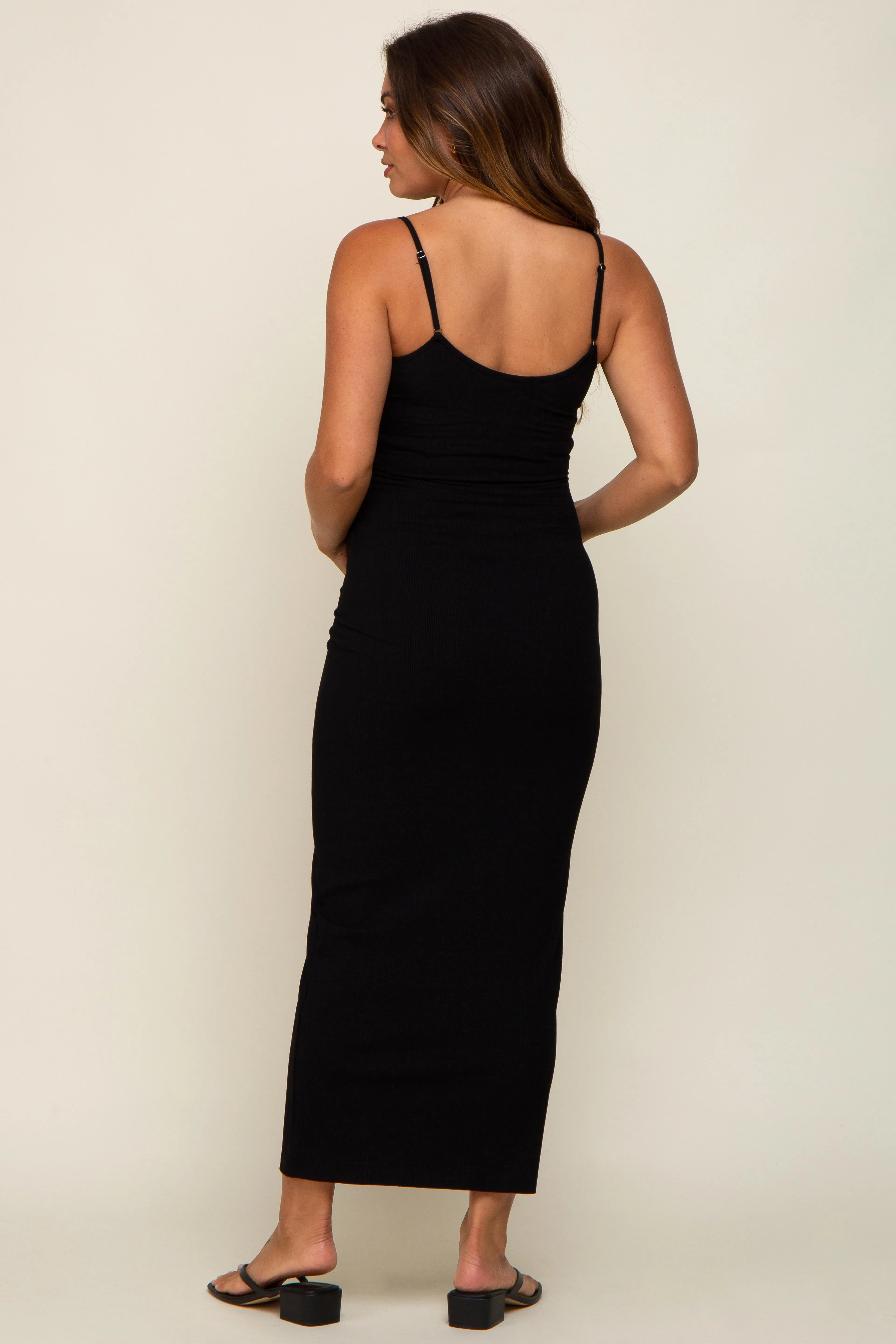 Black Ribbed Basic Maternity Midi Dress