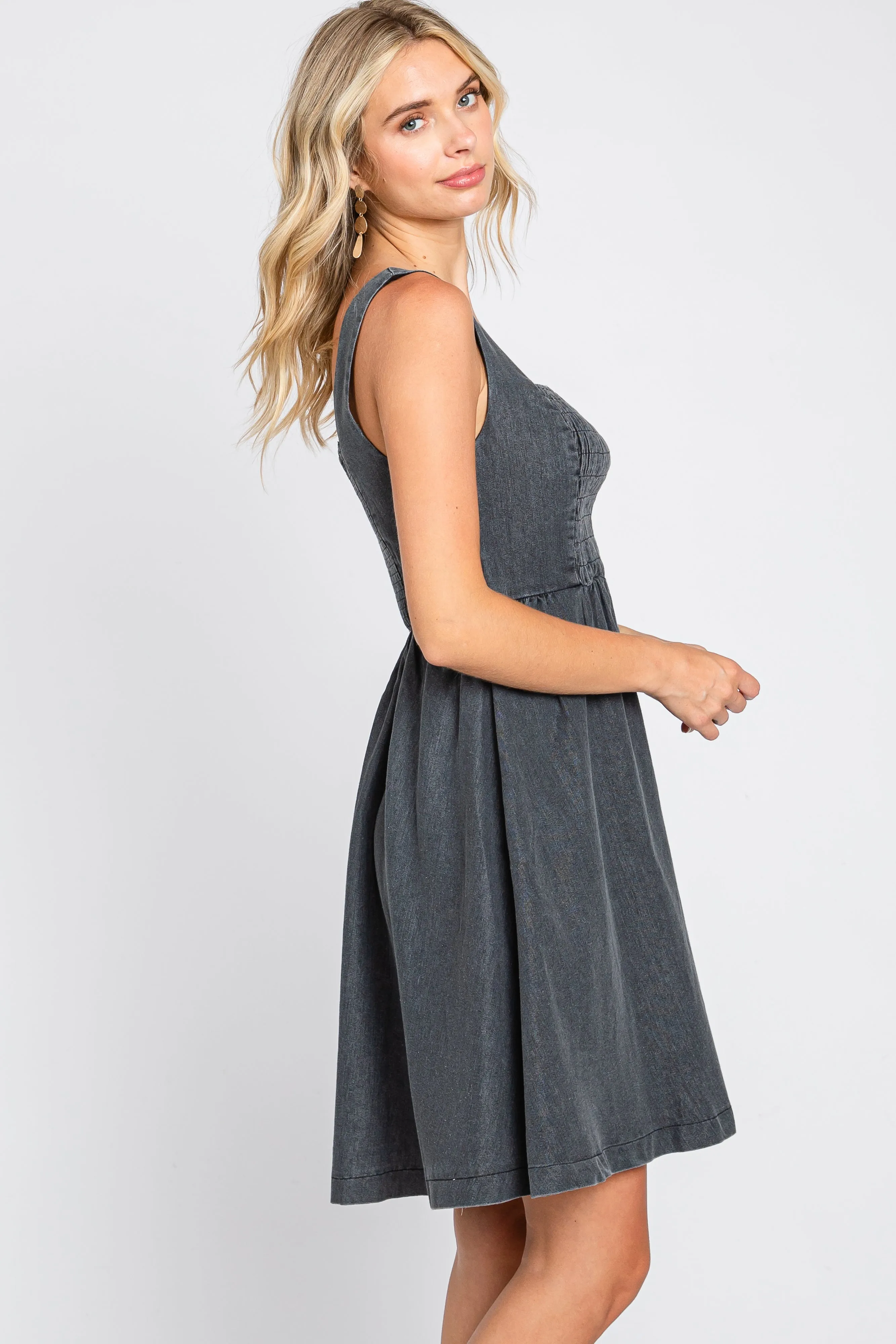 Black Smocked Square Neck Denim Dress