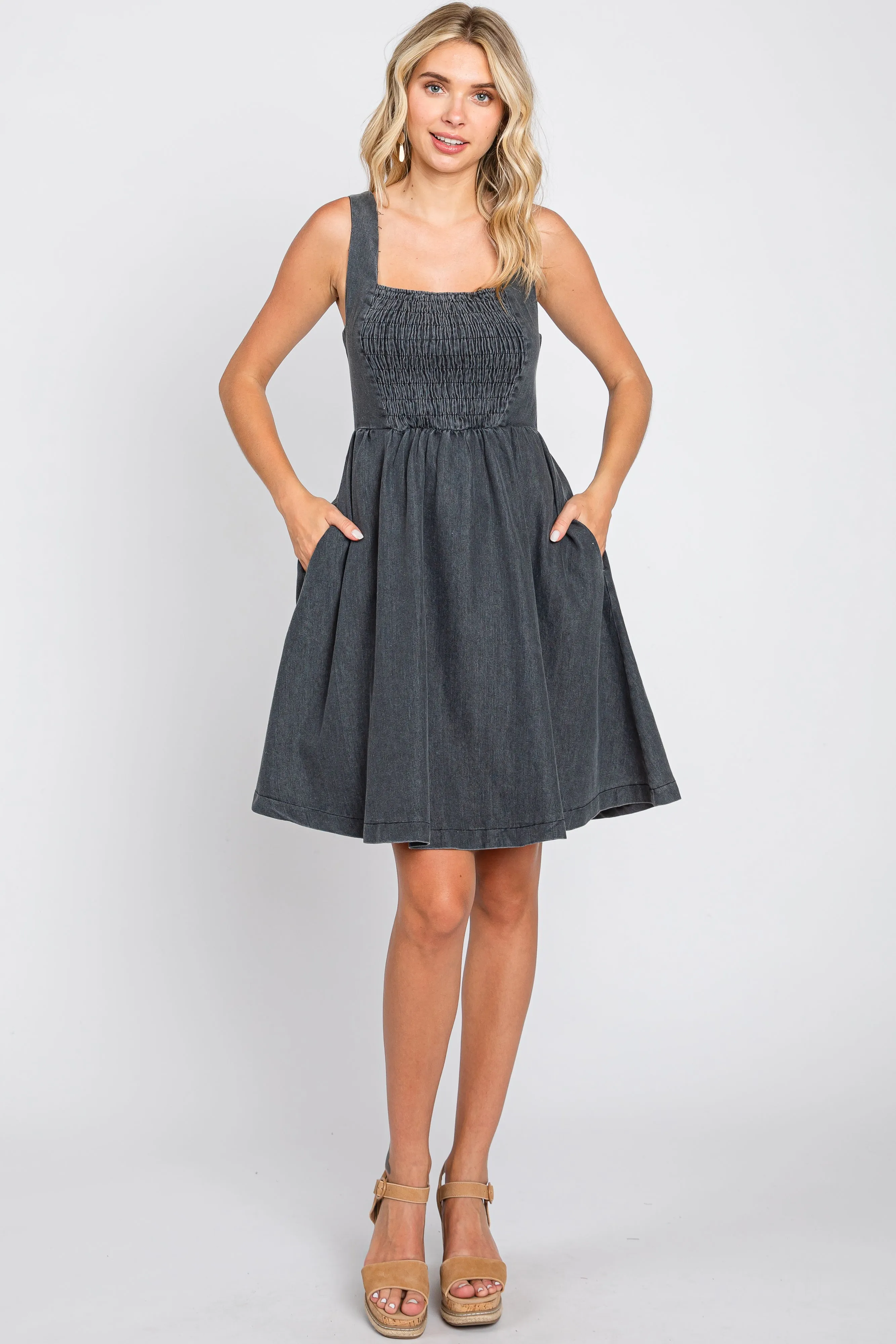 Black Smocked Square Neck Denim Dress