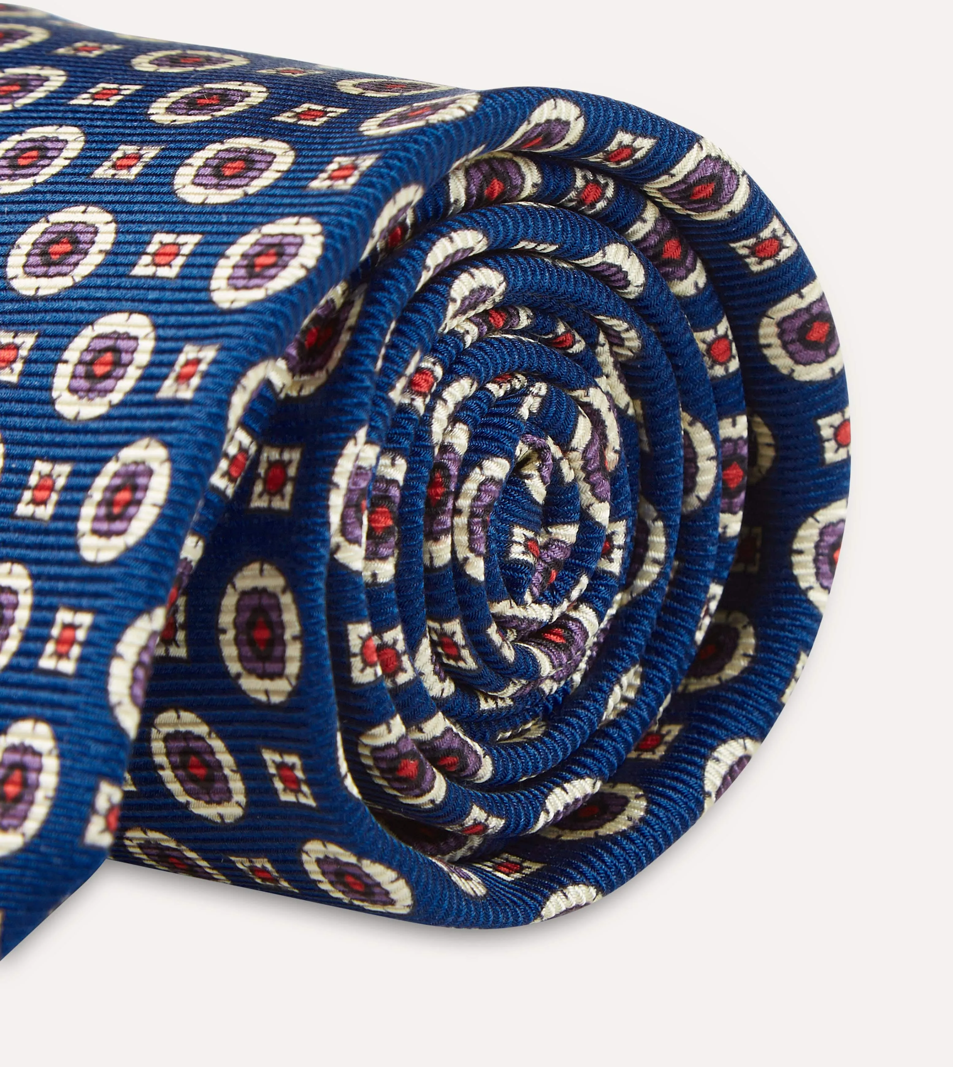 Blue and Red Geometric Medallion Print Silk Foulard Tie