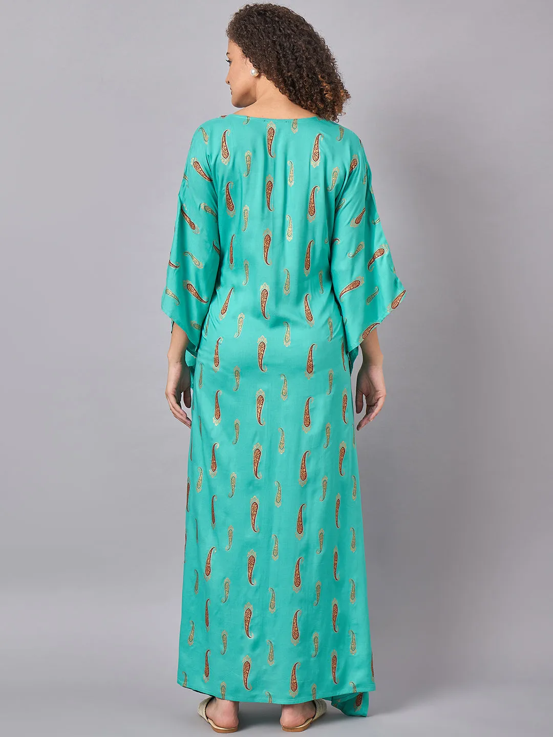 Blue-Green Color Printed Maternity & Nursing Long Kaftan Dress