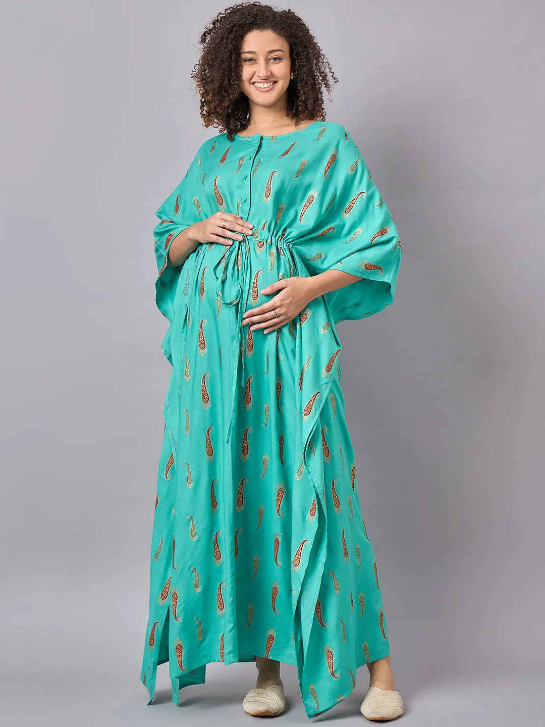 Blue-Green Color Printed Maternity & Nursing Long Kaftan Dress