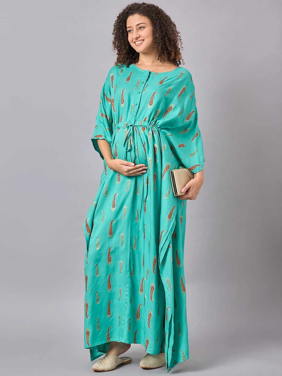 Blue-Green Color Printed Maternity & Nursing Long Kaftan Dress