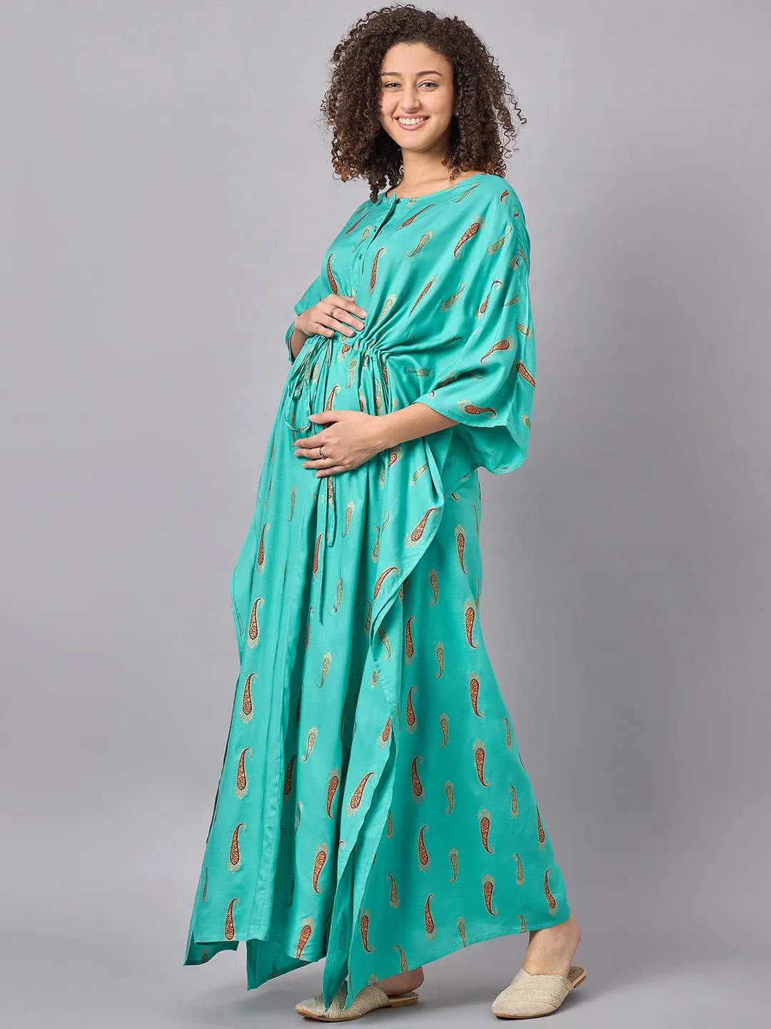 Blue-Green Color Printed Maternity & Nursing Long Kaftan Dress