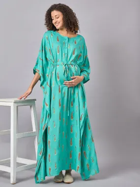 Blue-Green Color Printed Maternity & Nursing Long Kaftan Dress