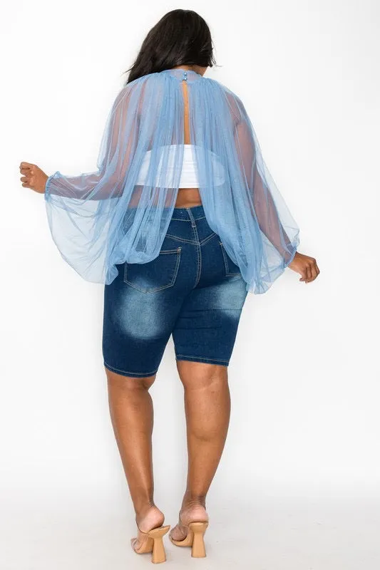 Blue Sheer Tulle Blouse