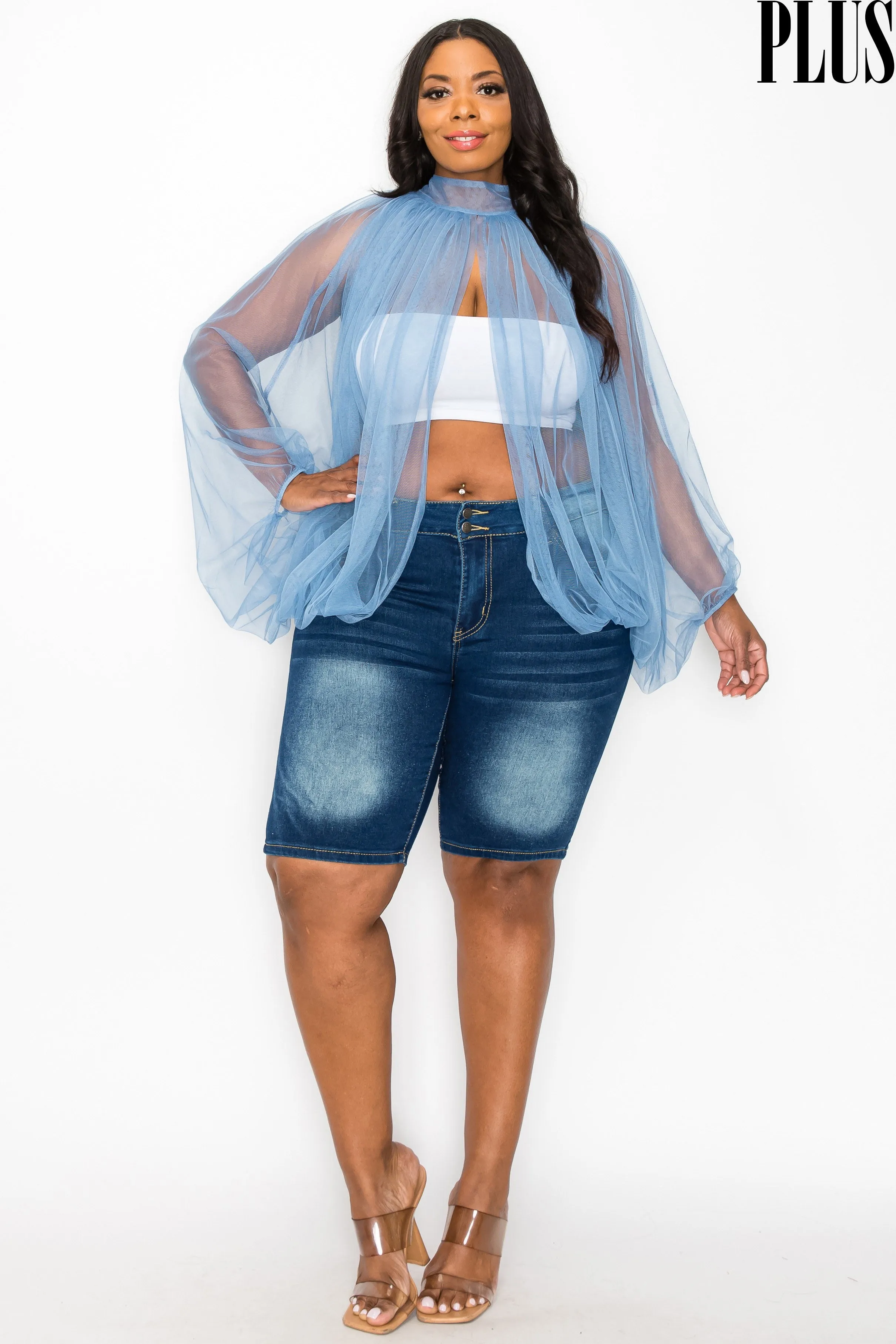 Blue Sheer Tulle Blouse